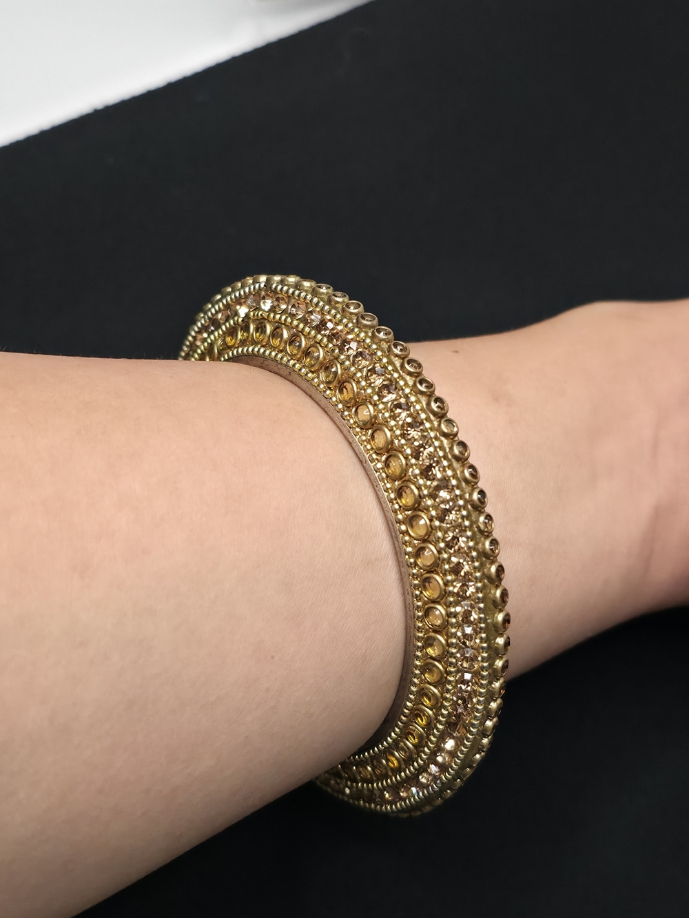 Heavy Gold Tone Rhinestone Pavé Ethnic Wedding Kada Bangle Bracelet